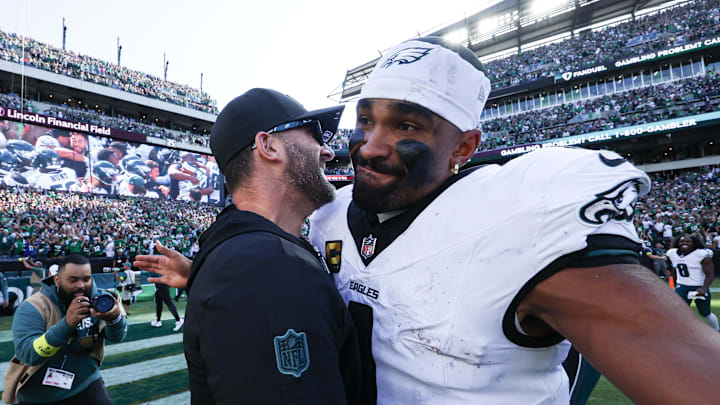 Sep 21, 2025; Philadelphia, Pennsylvania, USA; Philadelphia Eagles quarterback Jalen Hurts (1) and head coach Nick Sirianni celebrate after a victory against the Los Angeles Rams at Lincoln Financial Field. Mandatory Credit: Bill Streicher-Imagn Images