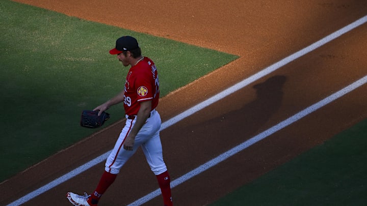 Jul 25, 2025; St. Louis, Missouri, USA;  St. Louis Cardinals starting pitcher Miles Mikolas (39) walks on the field before the first inning against the San Diego Padres at Busch Stadium. Mandatory Credit: Jeff Curry-Imagn Images