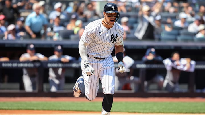Aug 10, 2025; Bronx, New York, USA;  New York Yankees designated hitter Aaron Judge (99) reacts after flying out in the first inning against the Houston Astros at Yankee Stadium. Mandatory Credit: Wendell Cruz-Imagn Images