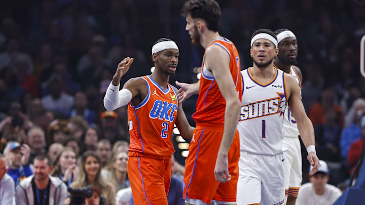 Nov 28, 2025; Oklahoma City, Oklahoma, USA; Oklahoma City Thunder guard Shai Gilgeous-Alexander (2) and center Chet Holmgren (7) high five after a play against the Phoenix Suns during the first quarter at Paycom Center. Mandatory Credit: Alonzo Adams-Imagn Images Nov 28, 2025; Oklahoma City, Oklahoma, USA; Oklahoma City Thunder guard Shai Gilgeous-Alexander (2) and center Chet Holmgren (7) high five after a play against the Phoenix Suns during the first quarter at Paycom Center. Mandatory Credit: Alonzo Adams-Imagn Images