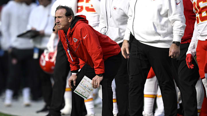 Jan 7, 2024; Inglewood, California, USA; Kansas City Chiefs defensive coordinator Steve Spagnuolo looks on from the sideline during the first half against the Los Angeles Chargers at SoFi Stadium. Mandatory Credit: Orlando Ramirez-Imagn Images