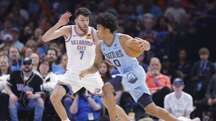 Mar 27, 2025; Oklahoma City, Oklahoma, USA; Memphis Grizzlies forward Jaylen Wells (0) moves the ball past Oklahoma City Thunder forward Chet Holmgren (7) during the second quarter at Paycom Center. Mandatory Credit: Alonzo Adams-Imagn Images