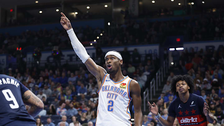 Dec 23, 2024; Oklahoma City, Oklahoma, USA; Oklahoma City Thunder guard Shai Gilgeous-Alexander (2) reacts after a play against the Washington Wizards during the second half at Paycom Center. Mandatory Credit: Alonzo Adams-Imagn Images