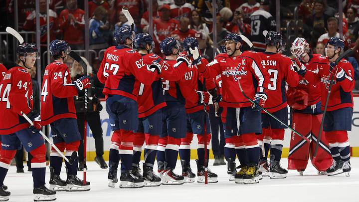 Apr 12, 2026; Washington, District of Columbia, USA; Washington Capitals players celebrate after their game against the Pittsburgh Penguins at Capital One Arena. Mandatory Credit: Geoff Burke-Imagn Images