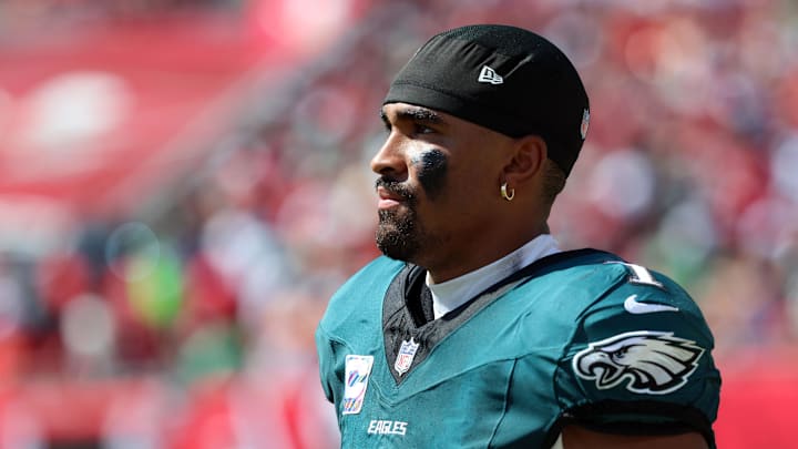Sep 29, 2024; Tampa, Florida, USA; Philadelphia Eagles quarterback Jalen Hurts (1) looks on against the Tampa Bay Buccaneers during the second half at Raymond James Stadium. Mandatory Credit: Kim Klement Neitzel-Imagn Images