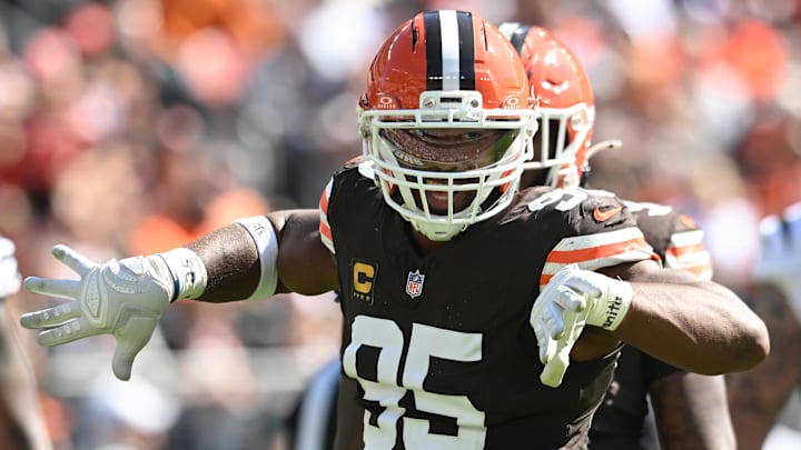 Sep 7, 2025; Cleveland, Ohio, USA; Cleveland Browns defensive end Myles Garrett (95) celebrates a sack against the Cincinnati Bengals during the fourth quarter at Huntington Bank Field. Mandatory Credit: Ken Blaze-Imagn Images