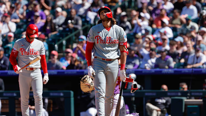 Apr 5, 2026; Denver, Colorado, USA; Philadelphia Phillies third baseman Alec Bohm (28) reacts to an ABS call in the fourth inning against the Colorado Rockies at Coors Field. Mandatory Credit: Isaiah J. Downing-Imagn Images