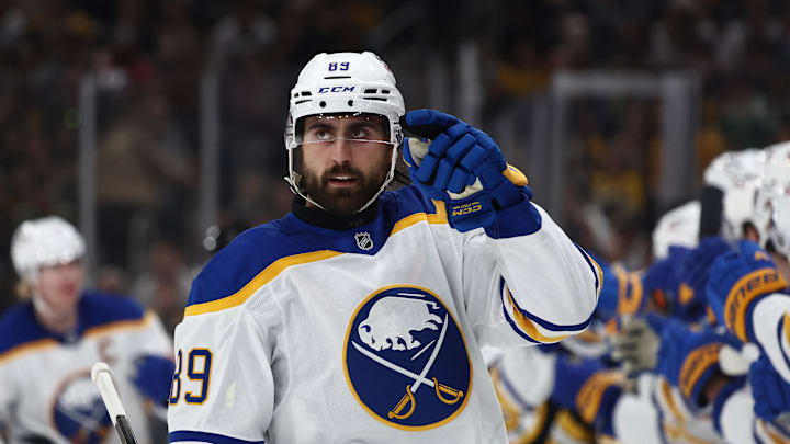 May 1, 2026; Boston, Massachusetts, USA; Buffalo Sabres right wing Alex Tuch (89) points to his goaltender after being congratulated at the bench after scoring against the Boston Bruins during the first period of game six of the first round of the 2026 Stanley Cup Playoffs at TD Garden. Mandatory Credit: Winslow Townson-Imagn Images
