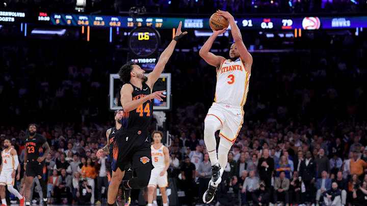 Apr 20, 2026; New York, New York, USA; Atlanta Hawks guard CJ McCollum (3) takes a shot against New York Knicks guard Landry Shamet (44) at the end of the third quarter of game two of the first round of the 2026 NBA Playoffs at Madison Square Garden. Mandatory Credit: Brad Penner-Imagn Images