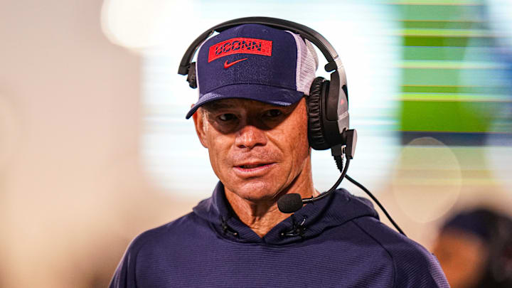 Oct 26, 2024; East Hartford, Connecticut, USA;  Connecticut Huskies head coach Jim Mora watches from the sideline as they take on the Rice Owls at Rentschler Field at Pratt & Whitney Stadium. Mandatory Credit: David Butler II-Imagn Images
