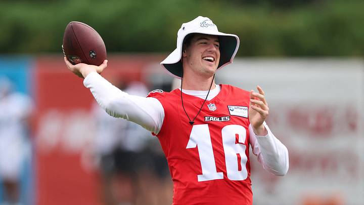 Jul 30, 2026; Philadelphia, PA, USA; Philadelphia Eagles quarterback Tanner McKee (16) passes a ball during training camp at Jefferson Health Training Complex. Jul 30, 2026; Philadelphia, PA, USA; Philadelphia Eagles quarterback Tanner McKee (16) passes a ball during training camp at Jefferson Health Training Complex.