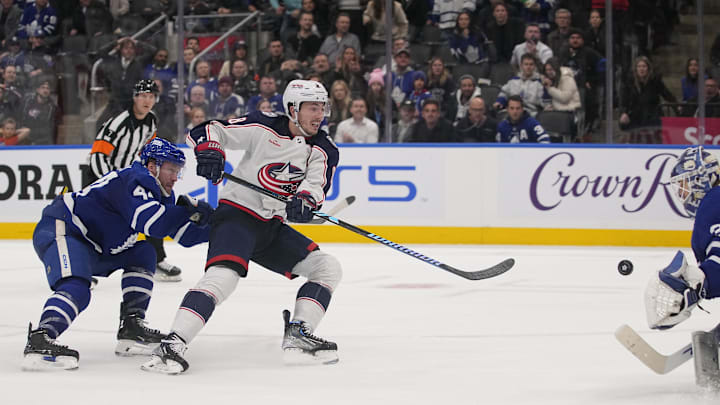 Dec 14, 2023; Toronto, Ontario, CAN; Columbus Blue Jackets defeneseman Zach Werenski (8) gets off a