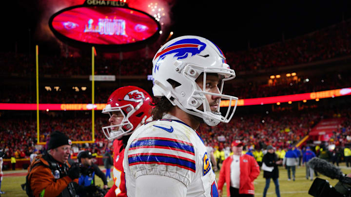 Jan 26, 2025; Kansas City, MO, USA; Buffalo Bills quarterback Josh Allen (17) reacts after the AFC Championship game against the Kansas City Chiefs at GEHA Field at Arrowhead Stadium. Mandatory Credit: Denny Medley-Imagn Images