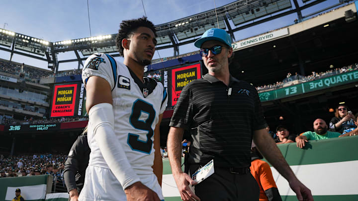 Carolina Panthers quarterback Bryce Young (9) walks out of MetLife Stadium during a game against the New York Jets, Oct 19, 2025, East Rutherford, NJ, USA.