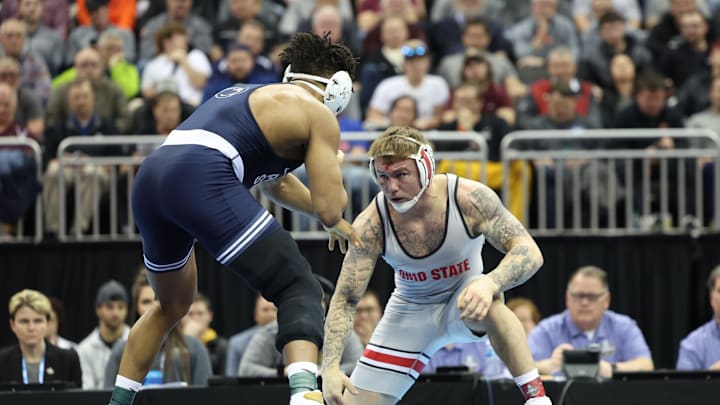 Former Ohio State wrestler Rocco Welsh competes against Penn State's Carter Starocci in the 174-pound final at the 2024 NCAA Wrestling Championships. Former Ohio State wrestler Rocco Welsh competes against Penn State's Carter Starocci in the 174-pound final at the 2024 NCAA Wrestling Championships.
