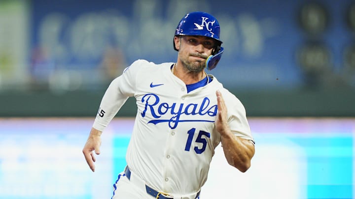 Jul 29, 2025; Kansas City, Missouri, USA; Kansas City Royals right fielder Randal Grichuk (15) runs to third base during the sixth inning against the Atlanta Braves at Kauffman Stadium. Mandatory Credit: Jay Biggerstaff-Imagn Images