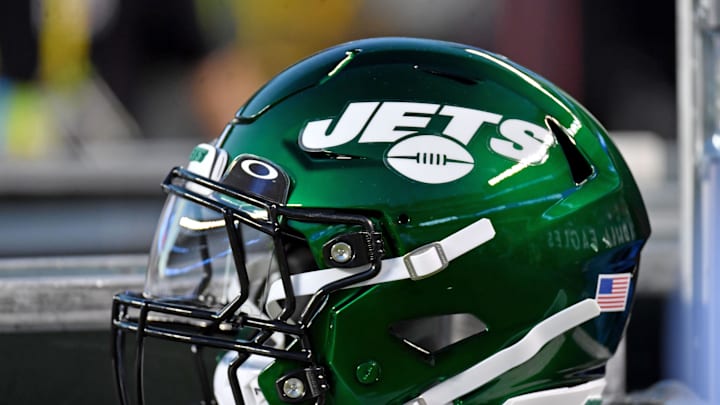 Aug 12, 2022; Philadelphia, Pennsylvania, USA; New York Jets helmet on the sidelines against the Philadelphia Eagles at Lincoln Financial Field. Mandatory Credit: Eric Hartline-Imagn Images