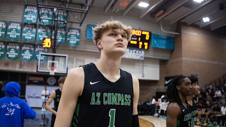 Jan 3, 2025; Gilbert, AZ, USA; Arizona Compass Prep forward Miikka Muurinen (1) against CIA Bella Vista (AZ) during the Hoophall West High School Invitational at Highland High School. Mandatory Credit: Mark J. Rebilas-Imagn Images