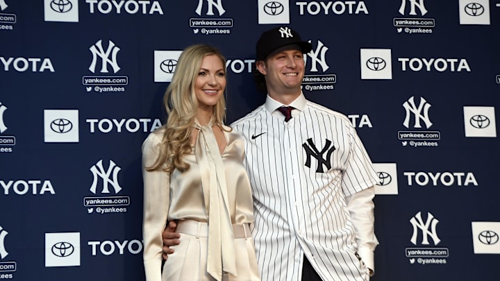 New York Yankees pitcher Gerrit Cole poses for photos with his wife Amy at Legends Club at Yankee Stadium. New York Yankees pitcher Gerrit Cole poses for photos with his wife Amy at Legends Club at Yankee Stadium.
