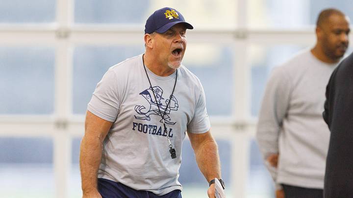 Defensive line coach Charlie Partridge during a Notre Dame football practice at Irish Athletic Center on Wednesday, April 8, 2026, in South Bend.