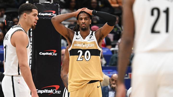 Nov 16, 2025; Washington, District of Columbia, USA; Washington Wizards center Alex Sarr (20) reacts after a foul call against the Brooklyn Nets during the third quarter at Capital One Arena. Mandatory Credit: Rafael Suanes-Imagn Images Nov 16, 2025; Washington, District of Columbia, USA; Washington Wizards center Alex Sarr (20) reacts after a foul call against the Brooklyn Nets during the third quarter at Capital One Arena. Mandatory Credit: Rafael Suanes-Imagn Images