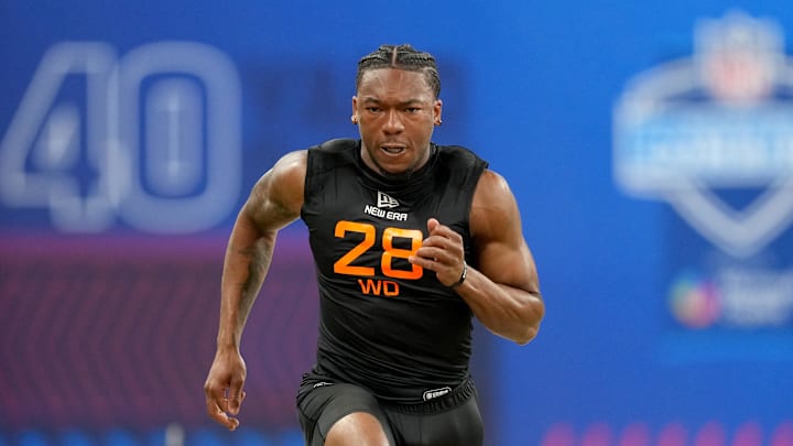 Mar 1, 2025; Indianapolis, IN, USA; Virginia Tech wideout Jaylin Lane (WO28) during the 2025 NFL Combine at Lucas Oil Stadium. Mandatory Credit: Kirby Lee-Imagn Images