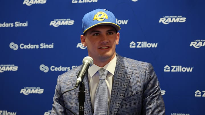 Apr 24, 2026; Inglewood, CA, USA;  Los Angeles Rams first-round draft pick Ty Simpson speaks to media during a press conference at Code Next at Hollywood Park. Mandatory Credit: Kiyoshi Mio-Imagn Images