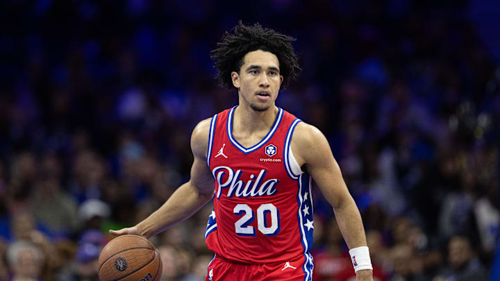 Nov 22, 2024; Philadelphia, Pennsylvania, USA; Philadelphia 76ers guard Jared McCain (20) dribbles the ball against the Brooklyn Nets during the third quarter at Wells Fargo Center. Mandatory Credit: Bill Streicher-Imagn Images