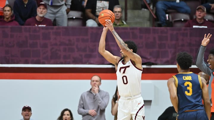Jan 10, 2026; Blacksburg, Va.; Virginia Tech guard Jailen Bedford (0) shoots a shot.