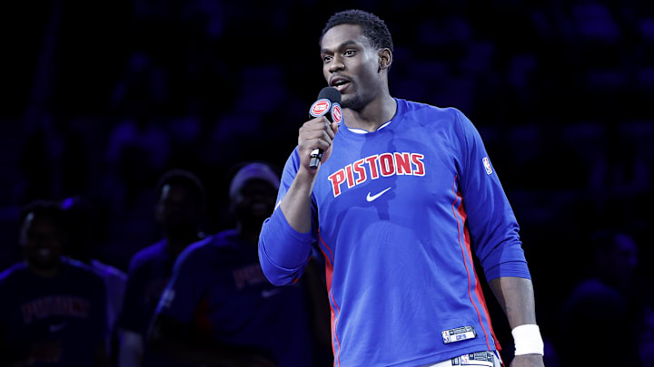 Apr 08, 2026; Detroit, Michigan, USA; Detroit Pistons center Jalen Duren addresses the crowd before a game against the Milwaukee Bucks at Little Caesars Arena. Mandatory Credit: Rick Osentoski-Imagn Images