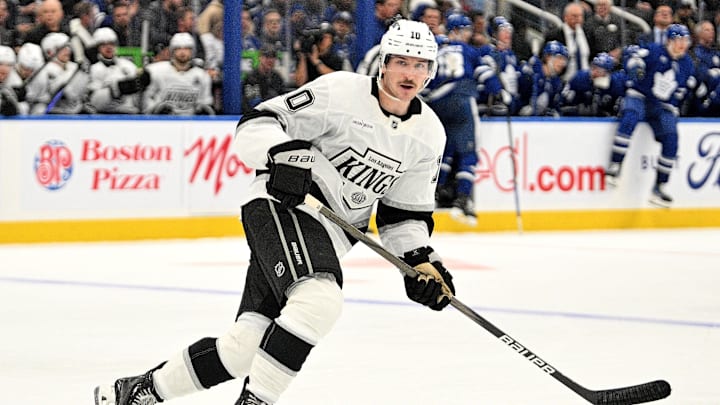 Oct 16, 2024; Toronto, Ontario, CAN;  Los Angeles Kings forward Tanner Jeannot (10) pursues the play against the Toronto Maple Leafs in the second period at Scotiabank Arena. Mandatory Credit: Dan Hamilton-Imagn Images