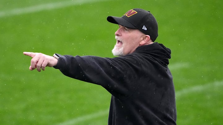 Nov 13, 2025; Madrid, Spain; Washington Commanders head coach Dan Quinn during practice at Ciudad Deportiva del Real Madrid. Mandatory Credit: Kirby Lee-Imagn Images
