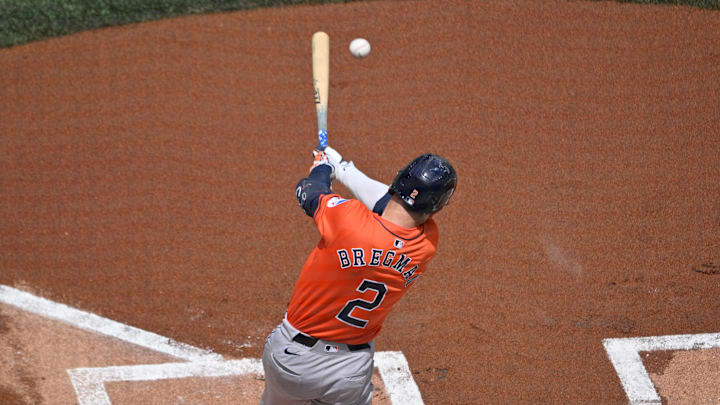Houston Astros third baseman Alex Bregman (2) hits a single against the Toronto Blue Jays in the first inning at Rogers Centre in 2024. Houston Astros third baseman Alex Bregman (2) hits a single against the Toronto Blue Jays in the first inning at Rogers Centre in 2024.