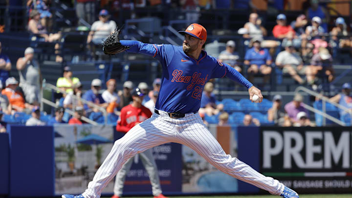 Mar 13, 2025; Port St. Lucie, Florida, USA; New York Mets pitcher David Peterson (23) throws a pitch during the first inning against the Boston Red Sox at Clover Park. Mar 13, 2025; Port St. Lucie, Florida, USA; New York Mets pitcher David Peterson (23) throws a pitch during the first inning against the Boston Red Sox at Clover Park.