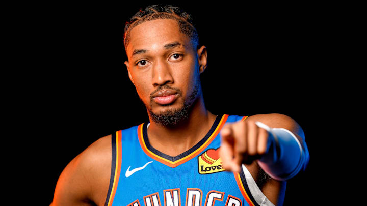 Aaron Wiggins is pictured during the Thunder media day at the Paycom Center in Oklahoma City, on Monday, Sept. 30, 2024.