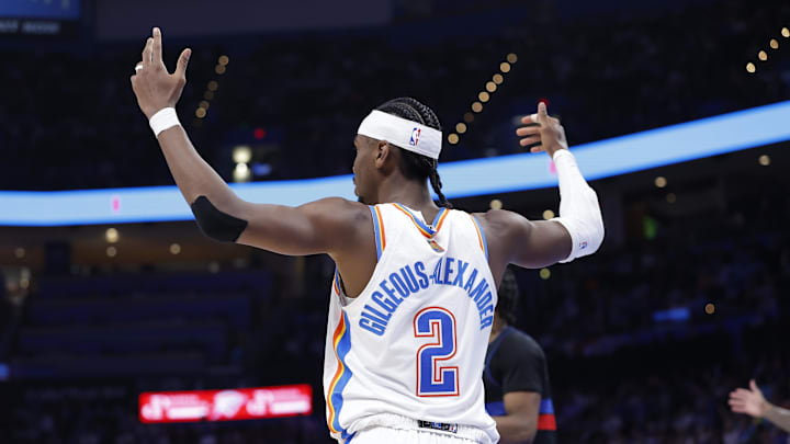Mar 30, 2026; Oklahoma City, Oklahoma, USA; Oklahoma City Thunder guard Shai Gilgeous-Alexander (2) gestures during the second half against the Detroit Pistons at Paycom Center.