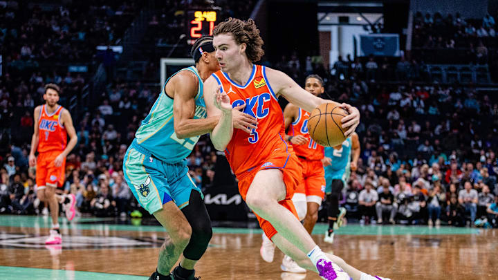 Apr 7, 2024; Charlotte, North Carolina, USA; Oklahoma City Thunder guard Josh Giddey (3) drives on