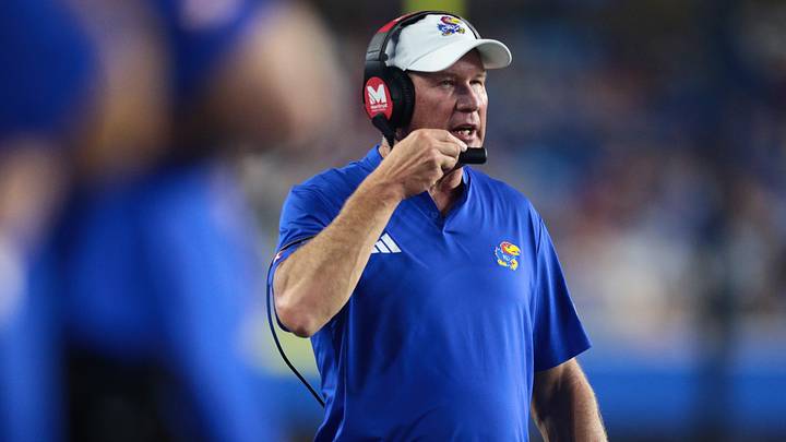 Kansas Jayhawks head coach Lance Leipold makes a call during the game against LIU Sharks inside David Booth Kansas Memorial Stadium on Sept. 4, 2026. Kansas Jayhawks head coach Lance Leipold makes a call during the game against LIU Sharks inside David Booth Kansas Memorial Stadium on Sept. 4, 2026.