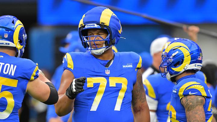 Jan 4, 2026; Inglewood, California, USA; Los Angeles Rams offensive tackle Alaric Jackson (77) on the field prior to a game against the Arizona Cardinals at SoFi Stadium. Mandatory Credit: Jayne Kamin-Oncea-Imagn Images Jan 4, 2026; Inglewood, California, USA; Los Angeles Rams offensive tackle Alaric Jackson (77) on the field prior to a game against the Arizona Cardinals at SoFi Stadium. Mandatory Credit: Jayne Kamin-Oncea-Imagn Images