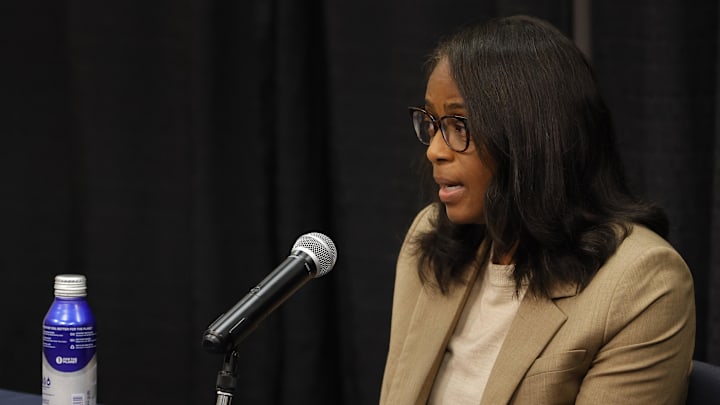 Nov 15, 2022; Charlottesville, Virginia, US; Virginia Cavaliers athletic director Carla Williams speaks with the media during a press conference regarding the deaths of three Cavaliers football players from a shooting on the university grounds late Sunday night in Charlottesville. Mandatory Credit: Geoff Burke-USA TODAY NETWORK Nov 15, 2022; Charlottesville, Virginia, US; Virginia Cavaliers athletic director Carla Williams speaks with the media during a press conference regarding the deaths of three Cavaliers football players from a shooting on the university grounds late Sunday night in Charlottesville. Mandatory Credit: Geoff Burke-USA TODAY NETWORK