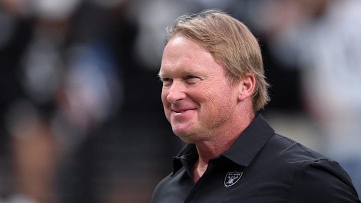 Aug 14, 2021; Paradise, Nevada, USA; Las Vegas Raiders manager Jon Gruden looks on before the game Seattle Seahawks at Allegiant Stadium. Mandatory Credit: Orlando Ramirez-Imagn Images