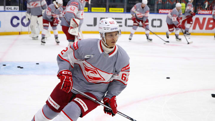 Spartak Hockey Club player, Daniil Orlov (62) seen in action...