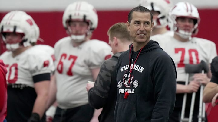 Wisconsin head football coach Luke Fickell is shown during spring football practice Thursday, April 3, 2025 in Madison, Wisconsin. Mark Hoffman/Milwaukee Journal Sentinel