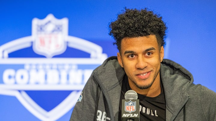 Mar 1, 2024; Indianapolis, IN, USA;  Florida State quarterback Jordan Travis (QB13) talks to the media during the 2024 NFL Combine at Lucas Oil Stadium. Mandatory Credit: Trevor Ruszkowski-Imagn Images