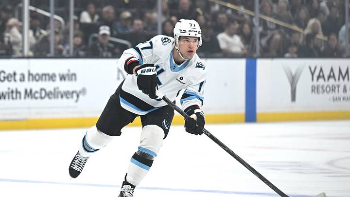 Mar 28, 2026; Los Angeles, California, USA; Utah Mammoth right wing JJ Peterka (77) stakes with the puck against the Los Angeles Kings during the first period at Crypto.com Arena. Mandatory Credit: Griffin Hooper-Imagn Images

