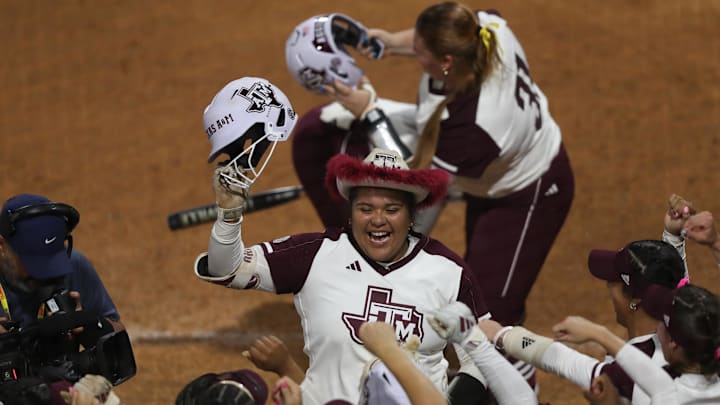 Texas A&M infielder Mya Perez (24) reacts after hitting a home run during a game against South Carolina at Jack Turner Stadium. Texas A&M infielder Mya Perez (24) reacts after hitting a home run during a game against South Carolina at Jack Turner Stadium.