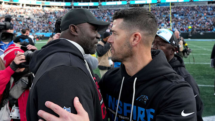 Dec 21, 2025; Charlotte, North Carolina, USA; Carolina Panthers head coach Dave Canales greets Tampa Bay Buccaneers head coach Todd Bowles after a game at Bank of America Stadium. Mandatory Credit: Bob Donnan-Imagn Images Dec 21, 2025; Charlotte, North Carolina, USA; Carolina Panthers head coach Dave Canales greets Tampa Bay Buccaneers head coach Todd Bowles after a game at Bank of America Stadium. Mandatory Credit: Bob Donnan-Imagn Images