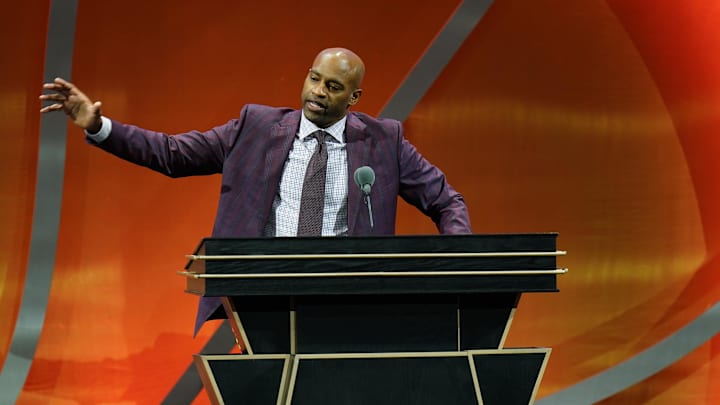 Oct 13, 2024; Uncasville, Conn, USA; Class of 2024 inductee Vince Carter speaks during the Naismith Memorial Basketball Hall of Fame Enshrinement at Symphony Hall Springfield. Mandatory Credit: David Butler II-Imagn Images