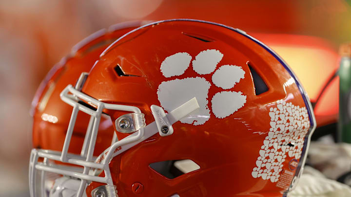 The logo of the Clemson Tigers is seen on a football helmet during the second half of the game between the Boston College Eagles 