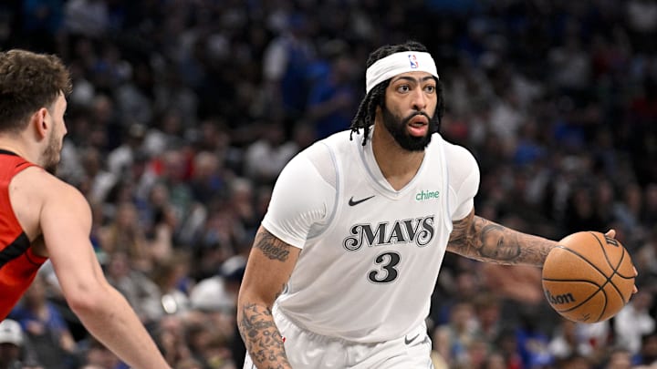 Feb 8, 2025; Dallas, Texas, USA; Dallas Mavericks forward Anthony Davis (3) brings the ball up court against the Houston Rockets during the second half at the American Airlines Center. Mandatory Credit: Jerome Miron-Imagn Images